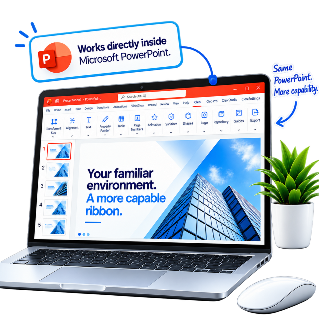 Laptop running Microsoft PowerPoint with the CLEO Suite ribbon